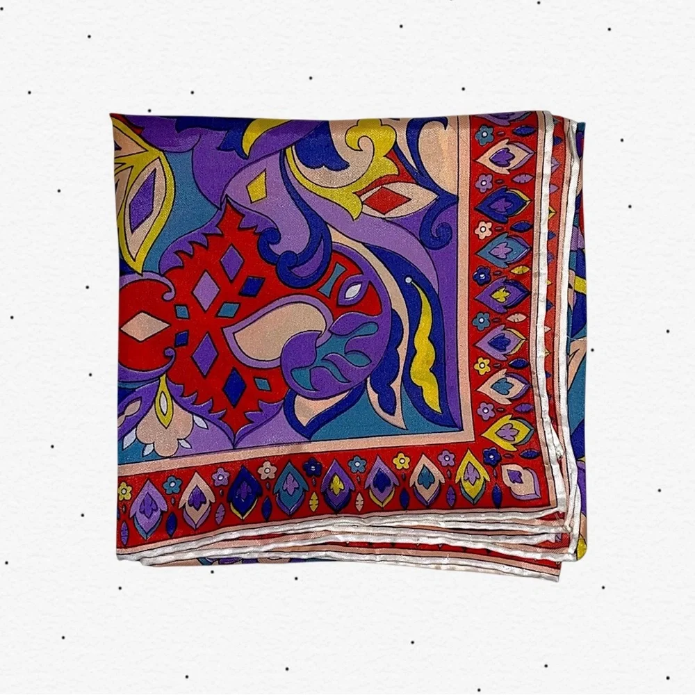 Vintage Vibrant Multicolor Floral Silk Square Scarf
